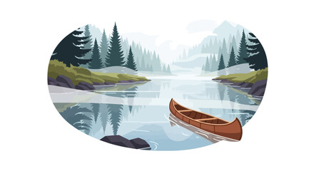 Obraz premium Peaceful mountain lake with wooden canoe and forest reflections