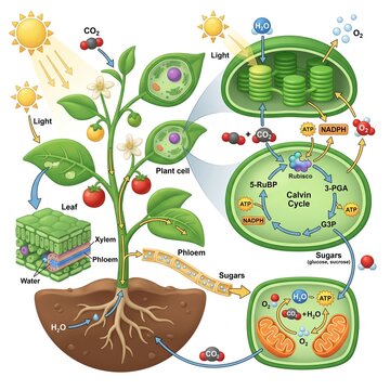 Educational Diagram of Plant Photosynthesis Process Showing the Calvin Cycle and Cellular Respiration in Leaves