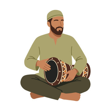 Middle Eastern Man Playing Traditional Darbuka Drum in Sitting Position