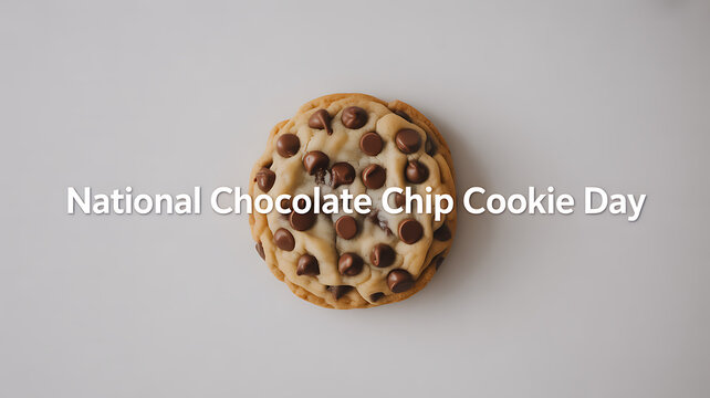 A single chocolate chip cookie on a plain background with text celebrating National Chocolate Chip Cookie Day