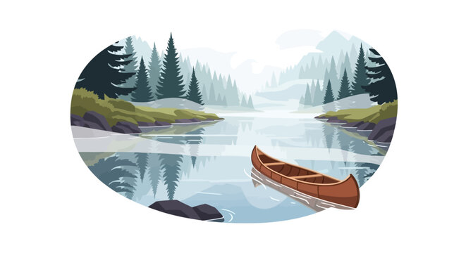 Peaceful mountain lake with wooden canoe and forest reflections