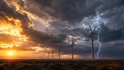 Obraz premium dramatic sunset with dark storm clouds and lightning strikes behind a field of wind turbines generating clean energy.