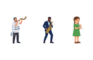 Fototapeta premium Diverse Group of Musicians Playing Various Instruments Including Shofar Saxophone and Flute Illustration
