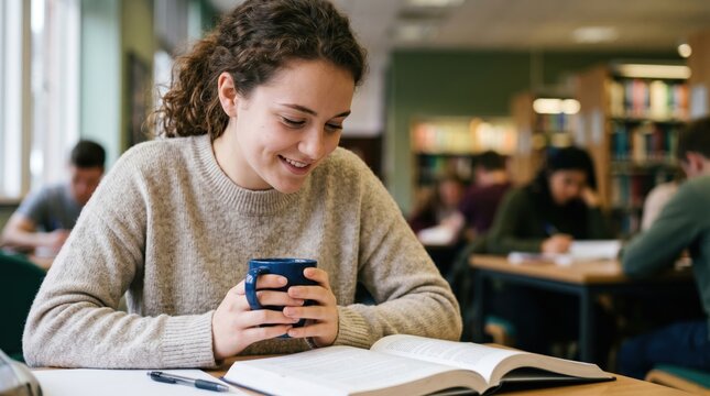 Young female student studying in university library with coffee mug, focused academic research, college education concept, library study session, academic success, learning environment