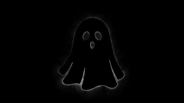 Minimalist white glowing ghost outline animation appearing on black background for holiday.