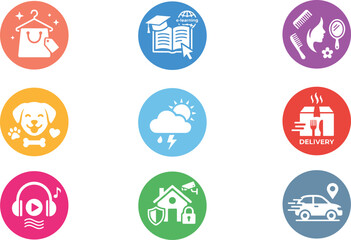 Fototapeta premium Set of Colorful Circular Icons Featuring Diverse Lifestyle and Service Concepts for Digital Applications