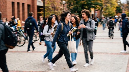 Obraz premium Diverse Group of Young Adult College Students Walking Together on University Campus Pathway During Autumn Semester
