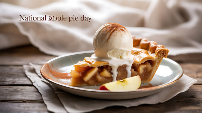 A slice of apple pie topped with vanilla ice cream on a plate, celebrating National Apple Pie Day