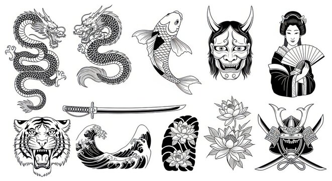 Traditional Japanese Tattoo Art Collection with Dragon, Hannya Mask, Geisha, Samurai, Tiger, and Koi Fish Illustrations