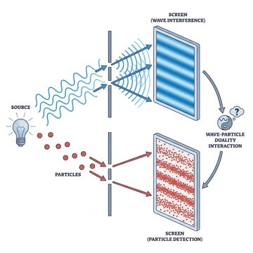 Scientific Illustration Depicting the Quantum Mechanical Phenomenon of Wave Particle Duality Observed in Double Slit Experiment