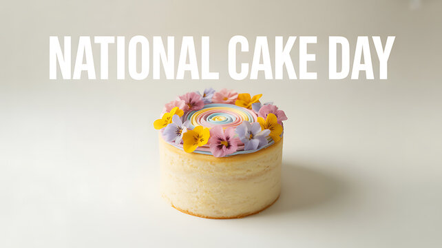 A beautifully decorated cake with edible flowers and a colorful swirl on top, celebrating National Cake Day.