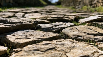 Fototapeta premium Close-up of weathered, uneven cobblestone path with green grass sprouting
