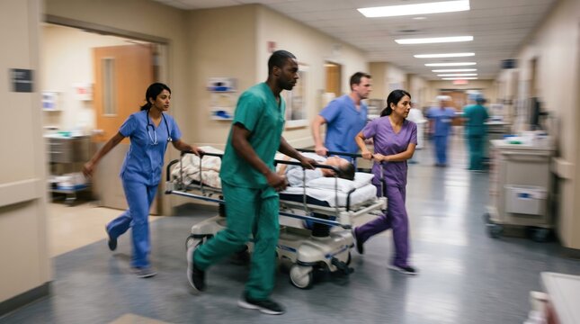 Diverse Medical Team Rushing Patient on Gurney Through Hospital Hallway for Emergency Care and Urgent Life Saving Treatment