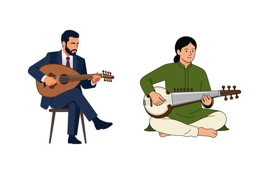 Professional Musicians Playing Traditional Stringed Instruments Such as the Oud and Sarod in Ethnic Clothing