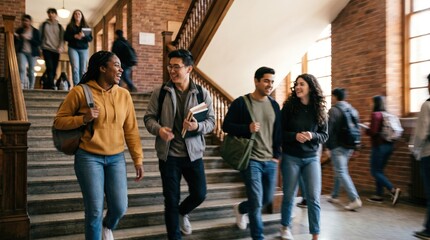Obraz premium Diverse Group of Happy College Students Walking Down University Staircase Together, Young Adults Talking and Laughing on Campus