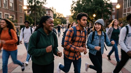 Fototapeta premium Diverse Group of College Students Running Together on Campus Walkway Representing Active Lifestyle and Academic Success for Young Adults