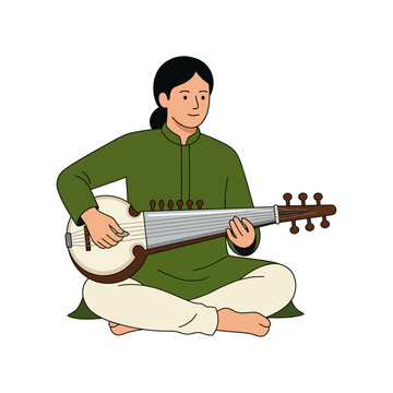 Illustration of an Indian Man Sitting Cross-Legged Playing a Traditional Sarod String Musical Instrument
