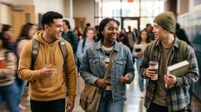 Diverse group of college students walking and talking in a university hallway, happy young adults on campus, education and friendship concept