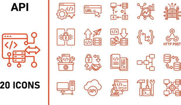 Professional set of twenty API development and system integration icons for web services, cloud computing, and backend infrastructure documentation.