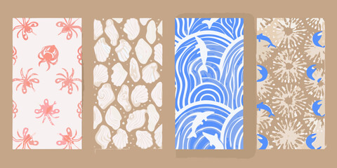 Nautical pattern featuring crabs shells waves and dolphins © Juran