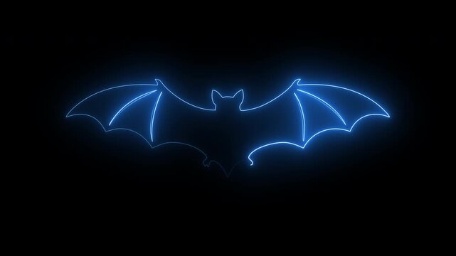 Neon blue bat silhouette animation glowing on black background for halloween motion graphics.