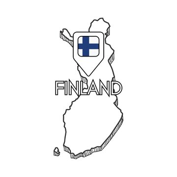 Hand-drawn outline map of Finland with a location pin featuring the national flag, minimalist geographic illustration on a white background.
