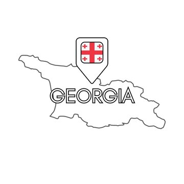 Hand-drawn outline map of Georgia with a location pin featuring the national flag, minimalist geographic illustration on a white background.