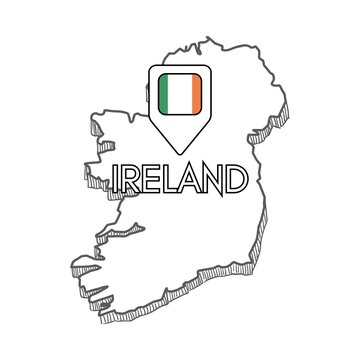 Hand-drawn outline map of Ireland with a location pin featuring the national flag, minimalist geographic illustration on a white background.