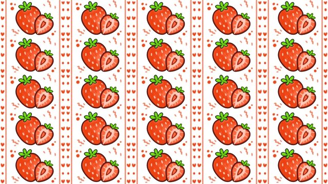 A cute strawberry seamless pattern background featuring whole and sliced berries paired with red hearts. Perfect for sweet summer textiles, wrapping paper, kitchen wallpapers, and scrapbooking.