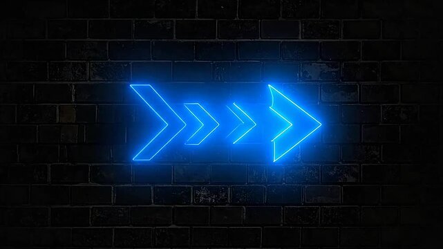 Bright blue neon arrows glowing against a dark textured brick wall background