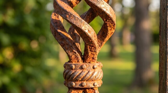 Rusted twisted wrought iron fence spindle with blurred background