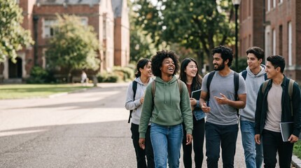 Fototapeta premium Diverse Group of College Students Walking Together on University Campus Pathway Representing Academic Friendship and Campus Life