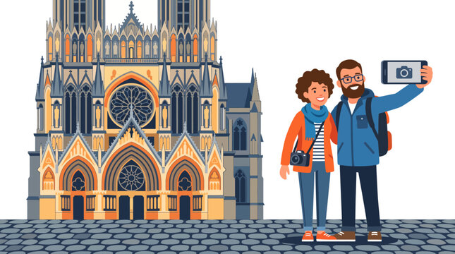 Tourist couple taking a selfie in front of a historic Gothic cathedral illustration