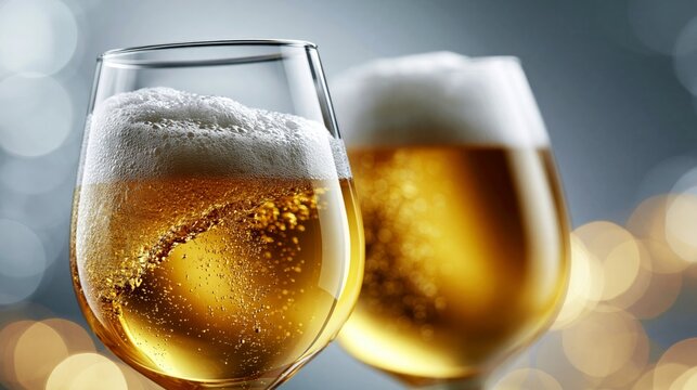 Two elegant glasses of golden beer with frothy tops.