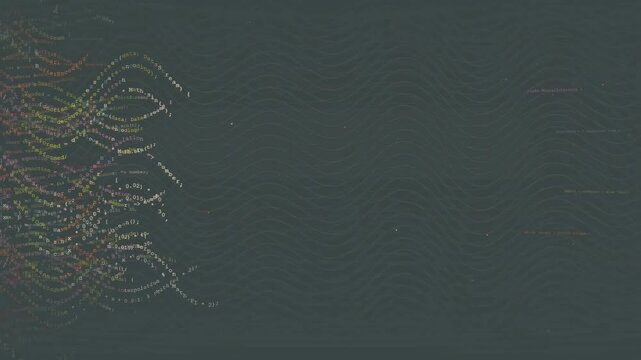 Abstract digital data stream with flowing colorful code particles on a dark grey background