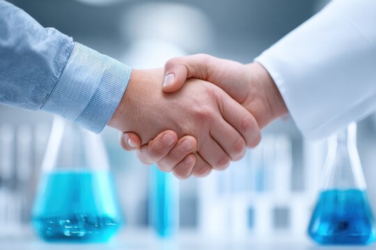 Science partnership a firm handshake seals a collaborative agreement in a modern laboratory setting