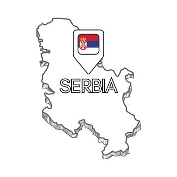 Hand-drawn outline map of Serbia with a location pin featuring the national flag, minimalist geographic illustration on a white background.