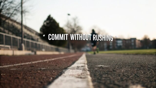 Motivational Running Quote on Track with Blurred Athlete in Motion Emphasizing Commitment Without Rushing