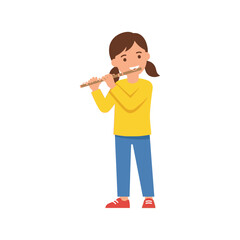 Young Girl Playing Musical Flute Instrument in Casual Clothes Standing Upright © Paliyem_Studio