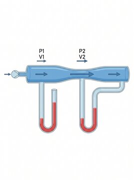 Venturi Effect Physical Principle Illustrating Fluid Dynamics Through Pipe Contraction and Pressure Variation Measurement