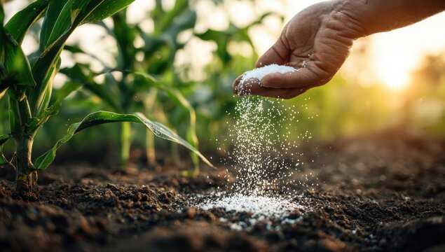 Fertilizing cornfield hand applying fertilizer to young corn plants in rich soil