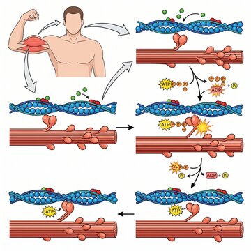 Diagram of Muscle Contraction sliding filament theory and cross bridge cycle with ATP and actin myosin filaments