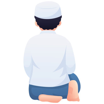 Illustration of a back view of tashahhud sitting posture for Islamic solat learning material.