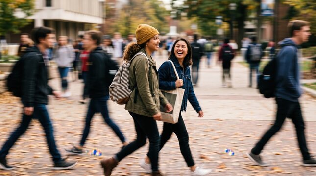 Two diverse female college students laughing while walking on a university campus during autumn semester, representing friendship and student life