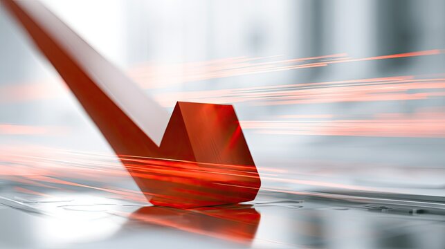 Sharp red checkmark strikes through blurry orange streaks against a metallic surface
