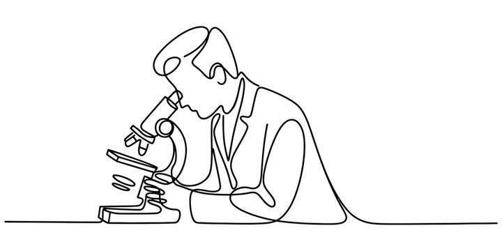 Scientist looking through a microscope continuous line drawing