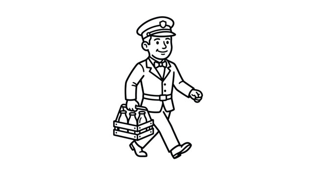 Minimalist Black and White of a Cheerful Conductor or Station Master Carrying a Toolbox with high quality professional line art symbols for modern creative design and digital branding projects