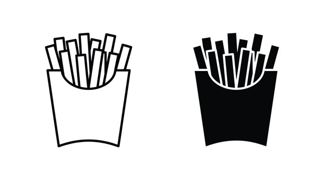 Versatile vector icons showcasing french fries in a takeaway box, available in outline and solid versions