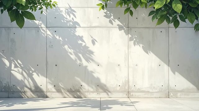 A minimalist concrete wall background with natural leaf shadows