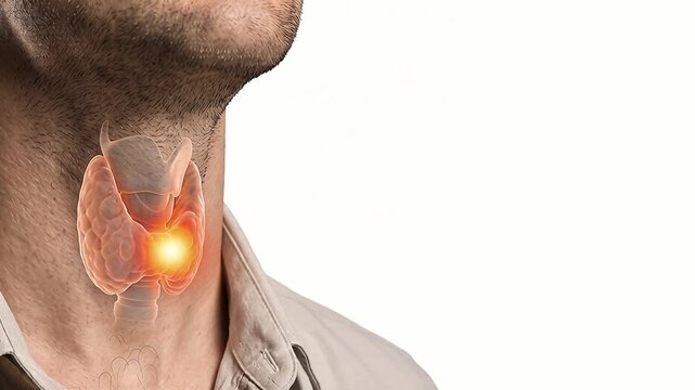 Realistic man neck with glowing 3D thyroid graphic overlay on white background off center, goiter medical concept with copy space
